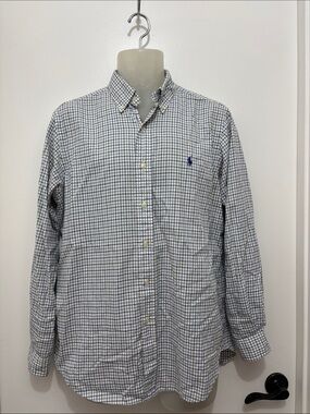 Men’s M Ralph Lauren White and Blue Grid Button-Down Shirt